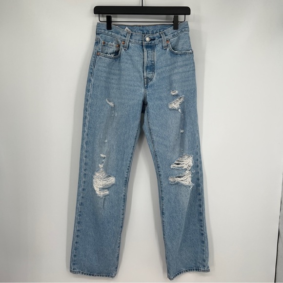 Levi's 501 Light Wash Faded Distressed Ripped Straight Leg Buttondown Denim Jean - Picture 1 of 15